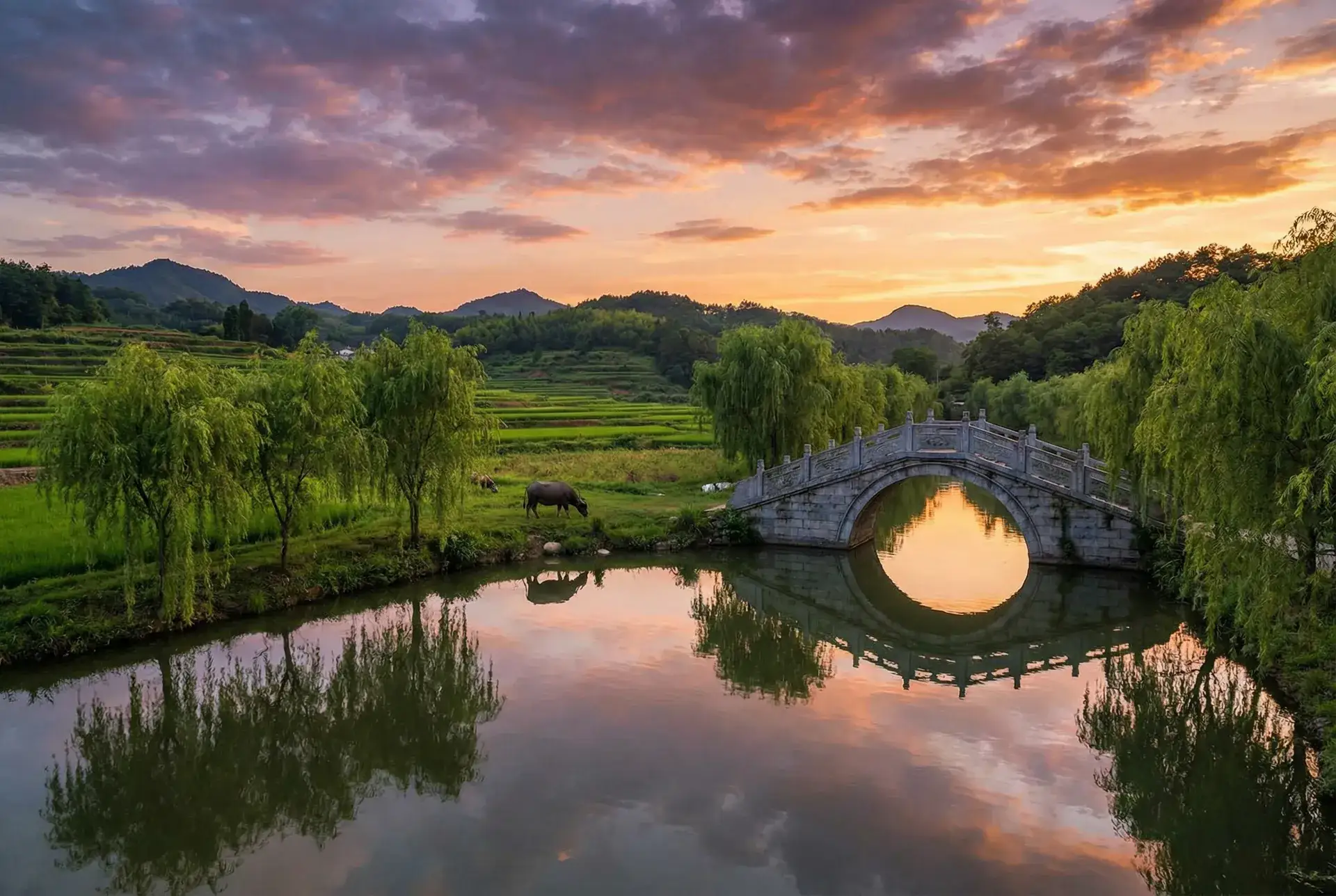 夕阳下的石拱桥与垂柳，水牛在河边吃草 - 欧美日韩大陆一区二区三区不卡 乡村美景